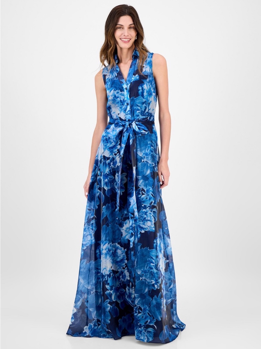 Julia Jordan Women’s Sleeveless Vibrant Blue Floral Maxi Shirt Dress & Tie Waist